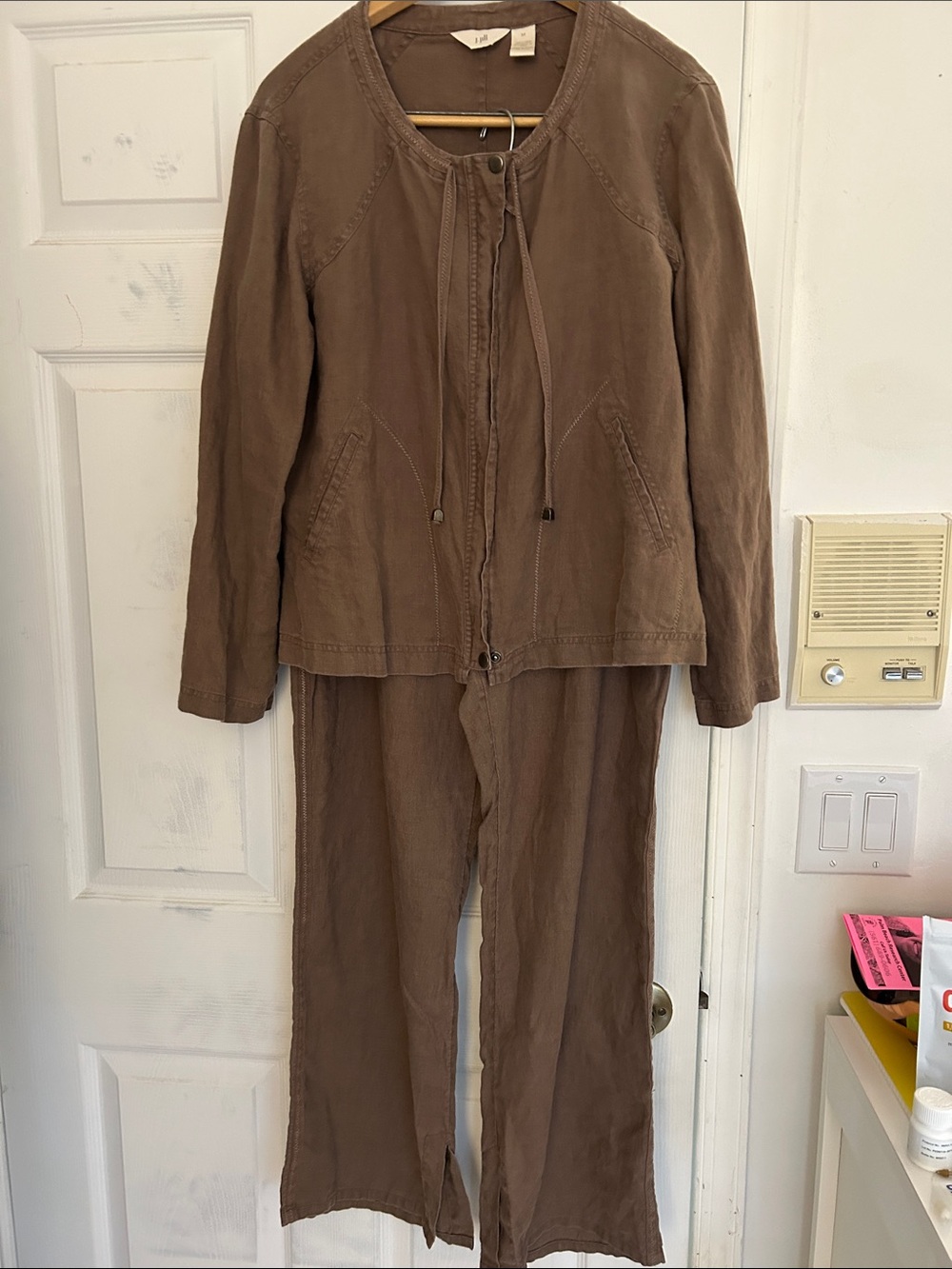 J. Jill Brown Linen covered zip-Front Jacket and pants set outfit